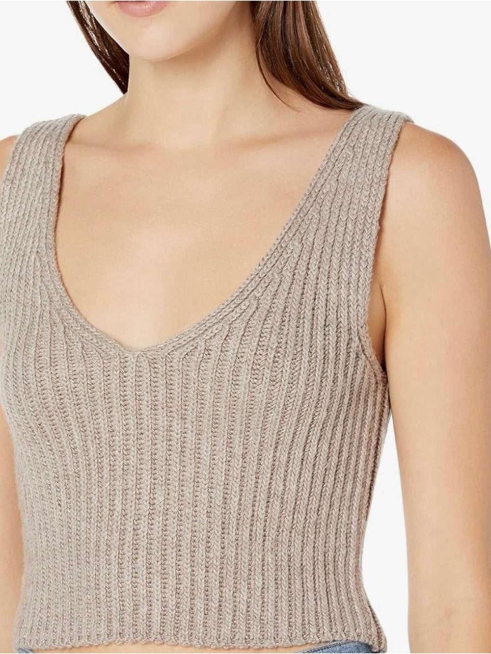 Sleeveless Ribbed V-Neck Tank Top in Taupe